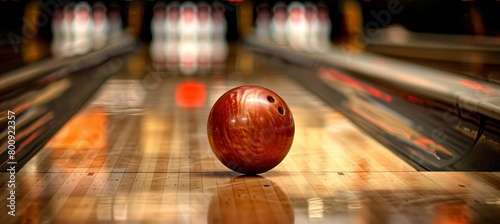 Dynamic bowling alley scene with rolling ball, blurred trajectory, pins waiting, vibrant lights