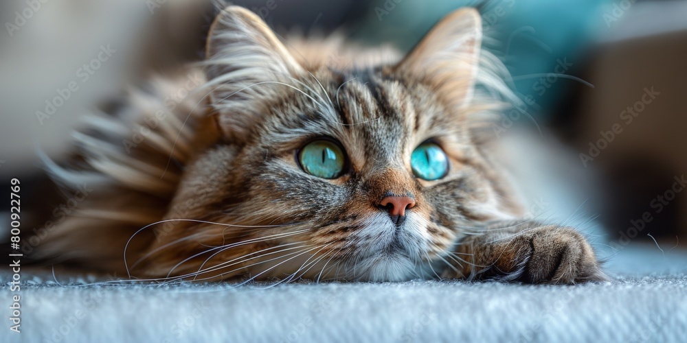 Fototapeta premium A cute domestic cat is resting on the windowsill, her gray fur is fluffy and adorable.