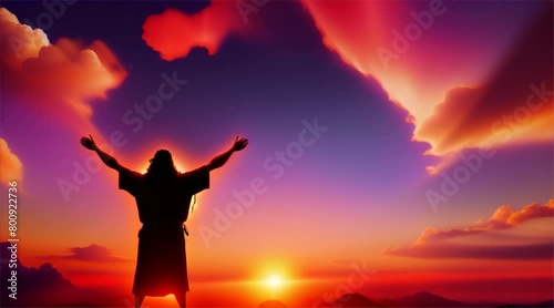Silhouette of a man raising his arms in joy and freedom, Against the heavenly sky with sunset light, embodying faith and the symbol of Christianity photo