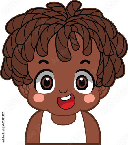 Variation of kids face from any race. Negroid race emoticon. Avatar of boy and girl kids.