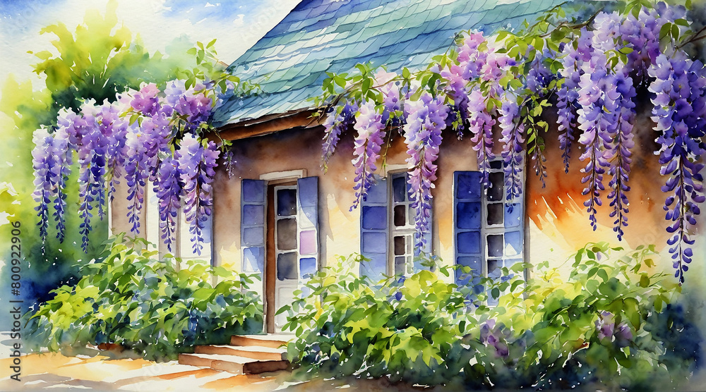Purple flowers blooming covered the roof of house, watercolor painting style, generative AI.