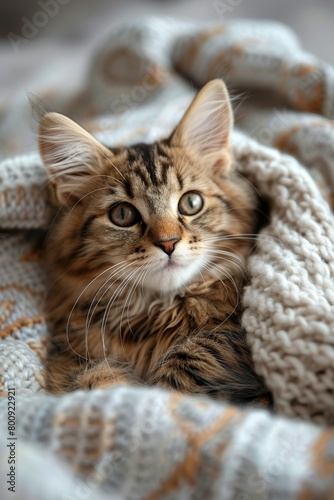 A cute kitten with soft fur and beautiful eyes rests on a blanket, exuding warmth and charm. © Iryna
