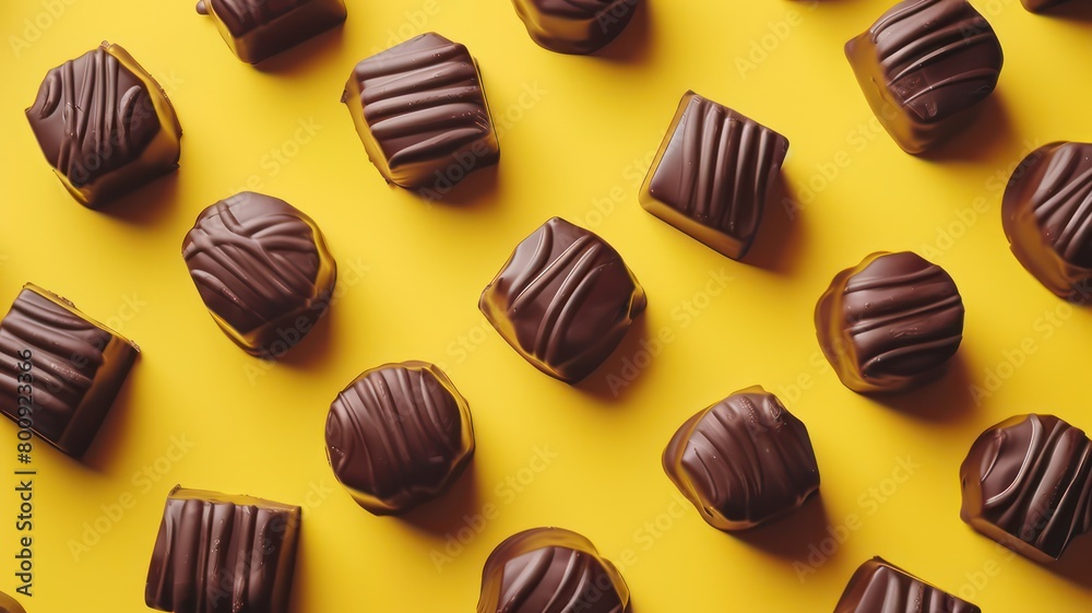 Fototapeta premium Chocolate, top down shot, yellow background. World Chocolate Day concept. Sweet chocolates perfect for valentines day background.