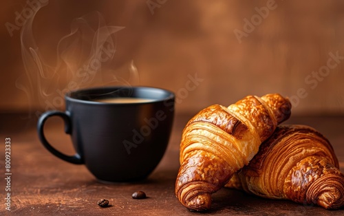 Crispy Croissants Matched with Coffee  Crispy Croissants Served Alongside Coffee  Copy Space