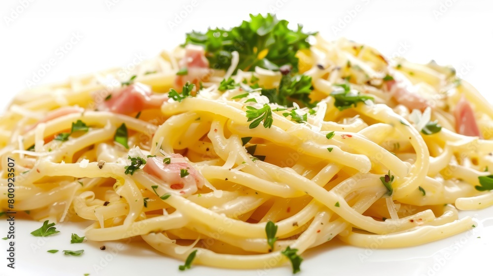 Vibrant close-up of spaghetti carbonara with creamy sauce, garnished with parsley, isolated on white, studio lighting Vibrant close-up of spaghetti carbonara with creamy sauce, garnished with parsley, isolated on white, studio lighting