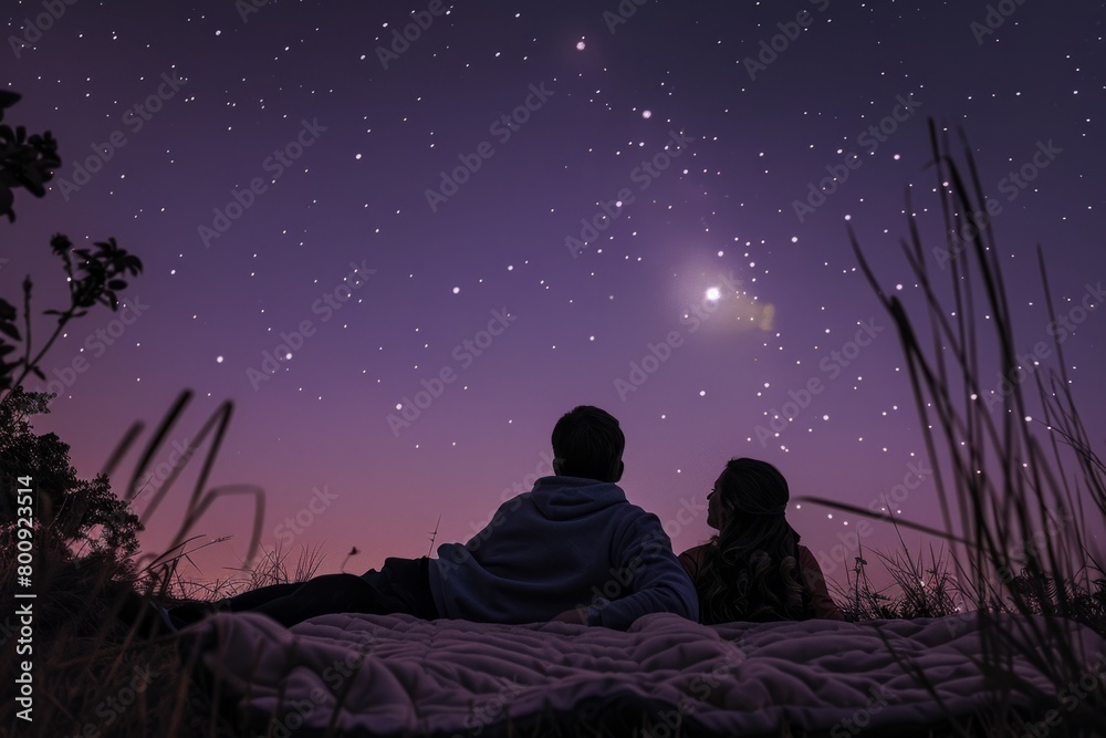A couple lying side by side on a blanket, holding hands and gazing up at the stars, their silhouettes framed by the of the moon, Generative AI 