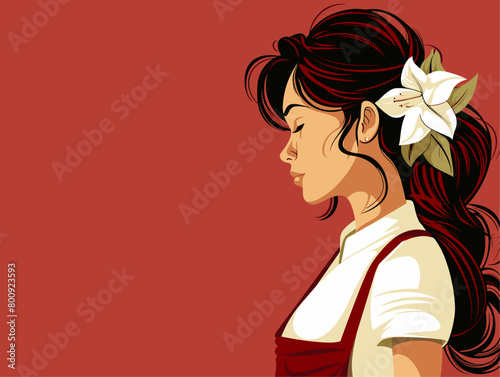 waiter background, Side-swept curls with a flower tucked behind the ear., very simple and isolate in the style of animated illustrations, waiter background