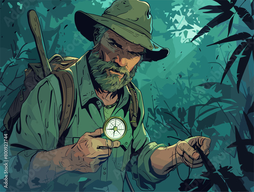 wither background, A lost explorer holding a compass with trembling hands., in the style of animated illustrations, wither background