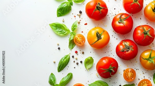 Traditional Italian pasta dish, top angle, featuring vibrant tomatoes and fresh basil, against a clean white backdrop, studio illumination photo