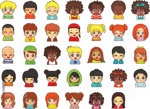 Variation of kids face from any race. Mongoloid caucasoid negroid race emoticon. Avatar of boy and girl kids.