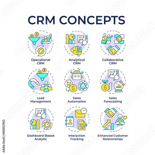 CRM system types multi color concept icons. Customer management, sales automation. Business intelligence. Icon pack. Vector images. Round shape illustrations for infographic. Abstract idea © bsd studio