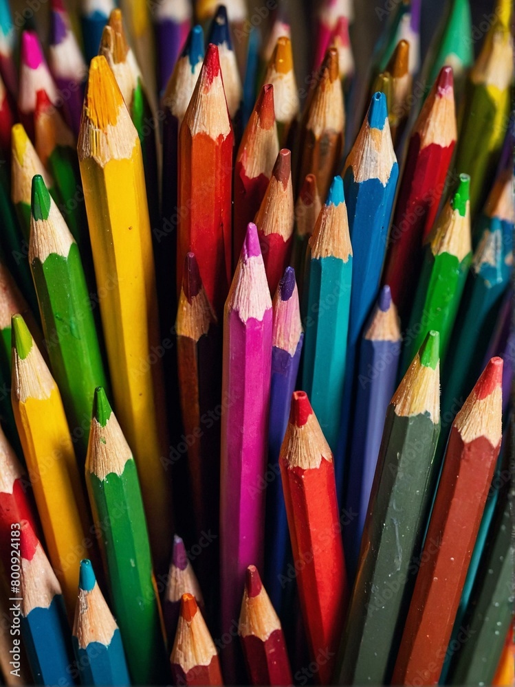 A vibrant display of colored pencils arranged tightly showcasing a variety of hues in a close-up shot, suitable for creative and educational themes A vibrant display of colored pencils arranged tightly showcasing a variety of hues in a close-up shot, suitable for creative and educational themes