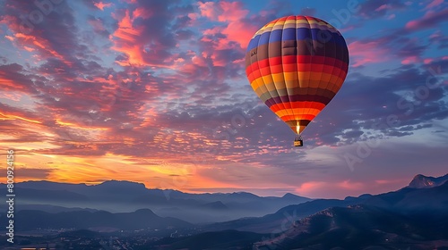 A majestic hot air balloon ascends gracefully into the dawn sky, its vibrant hues reflecting the promise of adventure and new beginnings