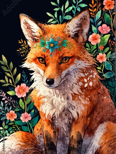 red boho fox with flowers