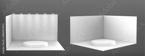 3D set of exhibition booth mockups isolated on transparent background. Vector realistic illustration show room with blank walls, round white stage for product presentation, spotlight illumination