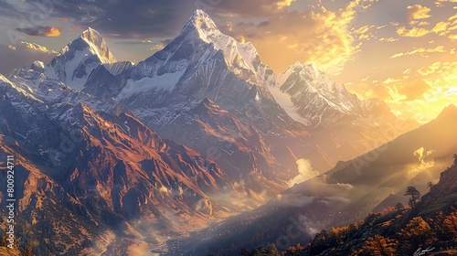 A majestic mountain vista, with snow-capped peaks towering over a tranquil valley, while a golden sunset bathes the landscape in warm hues photo