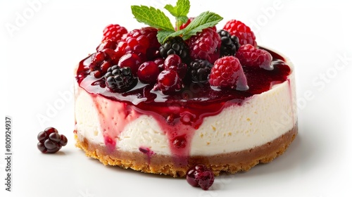 Sumptuous cheesecake with a glistening berry compote  elegant presentation on an isolated background  sharp studio lighting