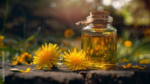 dandelion essential oil in a bottle, Generative AI,