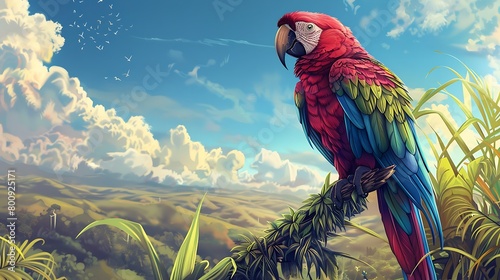 A majestic parrot perched atop a lush, verdant branch, its vibrant plumage glistening in the sunlight, against a backdrop of azure skies and rolling hills photo