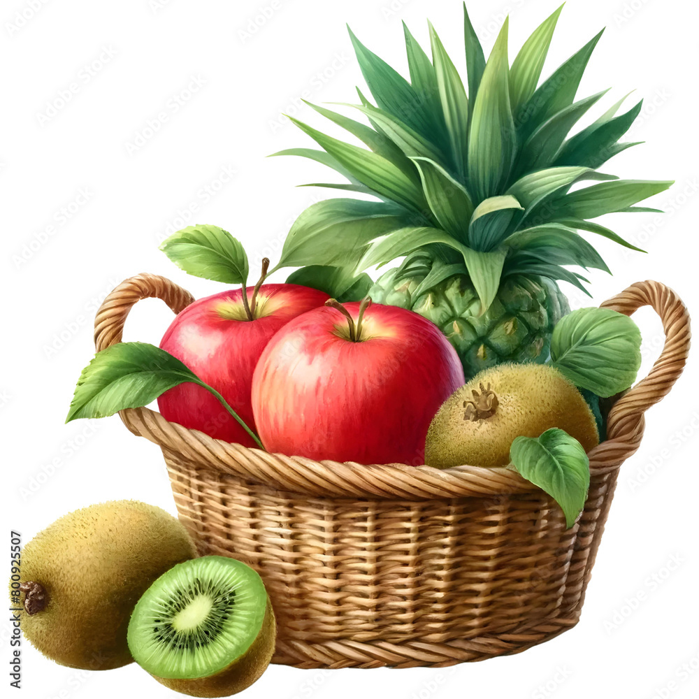 Basket of Fruit, Mixed Fruit, Fresh Fruit Bright Color Watercolor Illustration