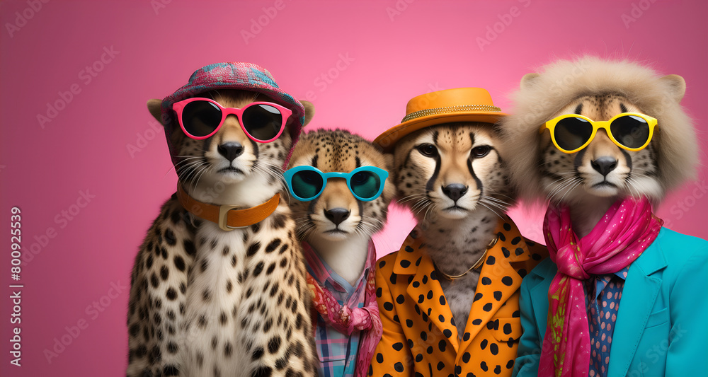 Creative animal concept. Group of cheetah in funky Wacky wild mismatch colourful outfits isolated on bright background advertisement, copy space. birthday party invite invitation banner	
