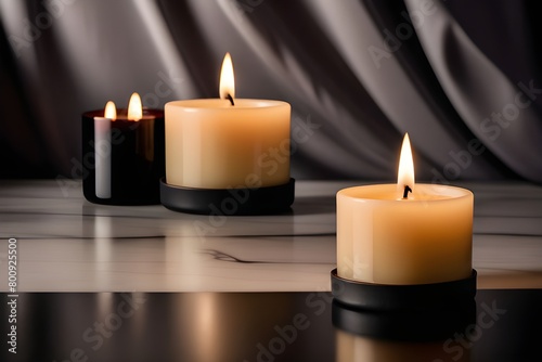 Black background with scented candles burning and fragrant candles on a white table