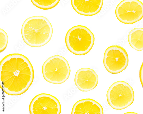 Slices of lemon in different shapes scattered over a transparent background, creating a fresh citrus pattern. Generative AI