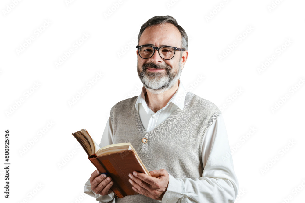 A charismatic teacher, holding an open book, inspiring learners in a white background A charismatic teacher, holding an open book, inspiring learners in a white background