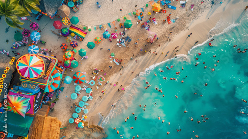 A lively Cinco de Mayo beach bash captured from above with a drone. Ai generated photo