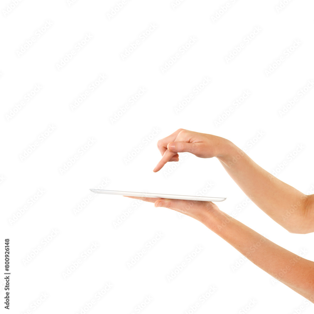 Hands, tablet and studio for website, communication and social network or internet search. Person, mobile app and research for email, creative writing or blog with connection and technology media