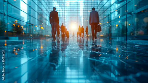 Business people walking in the corridor of a modern office building. Blurred background photo