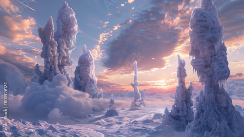 A surreal landscape featuring towering ice sculptures shaped like 3D snowmen, otherworldly atmosphere, digital matte painting. Ai generated