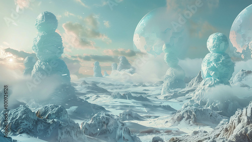 A surreal landscape featuring towering ice sculptures shaped like 3D snowmen, otherworldly atmosphere, digital matte painting. Ai generated