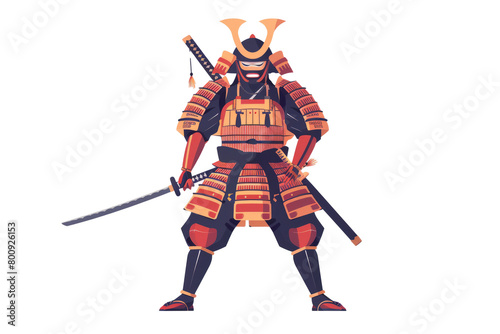 Samurai warrior: A Japanese samurai in elegant armor, holding a katana, on a minimalist white setting.
