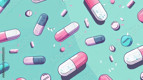 Scattered Medication Capsules on Teal Background