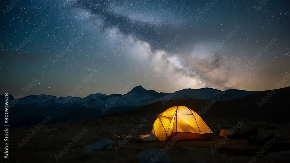 Nighttime on a mountain with a lit tent under a sky full of stars