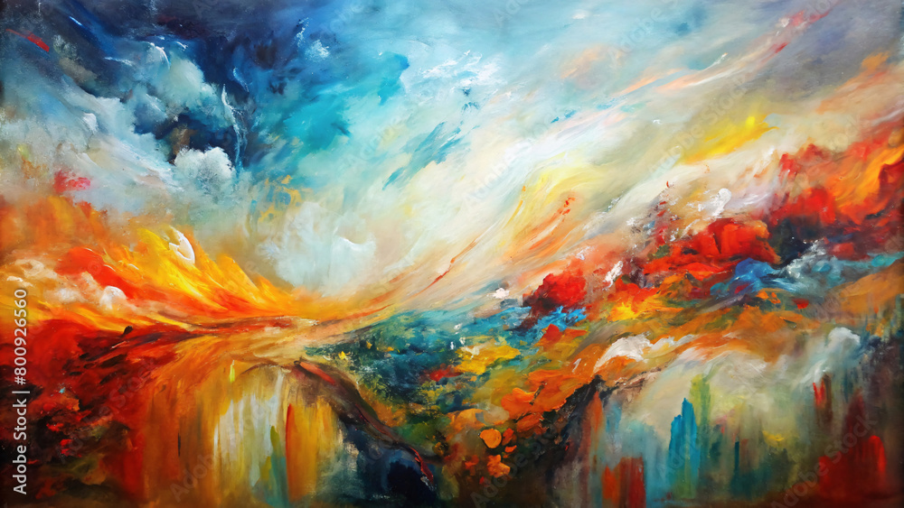 Fototapeta premium Beautiful abstract watercolor landscape in orange, blue, and yellow hues capturing a dramatic sunset with wispy clouds