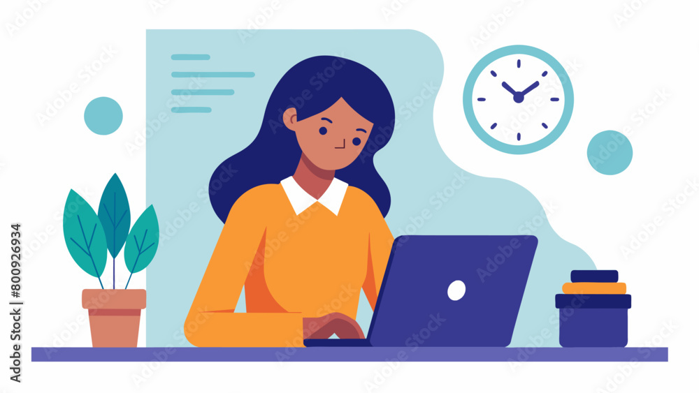 A woman working on a project deeply focused suddenly takes a break and becomes aware of the time passing by.. A woman working on a project deeply focused suddenly takes a break and becomes aware of the time passing by..