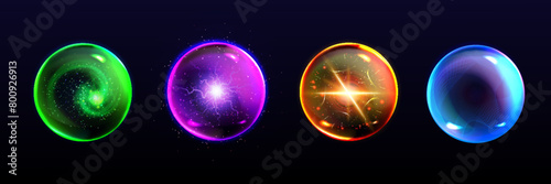 Magic ball with light glow effect. Realistic 3d vector illustration set of fantasy energy orb with lightnings and sparkles. Magician sphere crystal with shine plasma. Burst fortune teller globe.