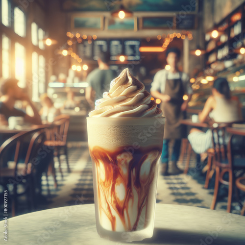 Tasty frappe in focus with a creamy top, blurred busy cafe environment. AI generated.