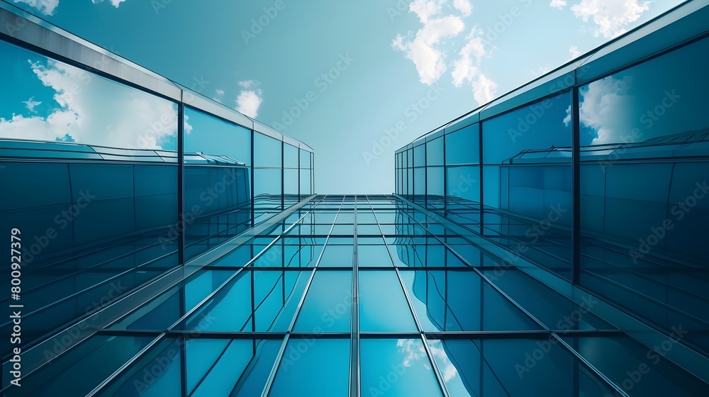 Obraz premium Striking low-angle view of sleek modern office building with glass facade,vast sky,and minimalist architectural details