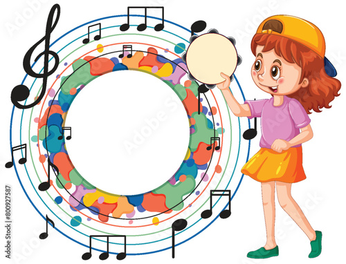 Cartoon girl with tambourine surrounded by musical notes.