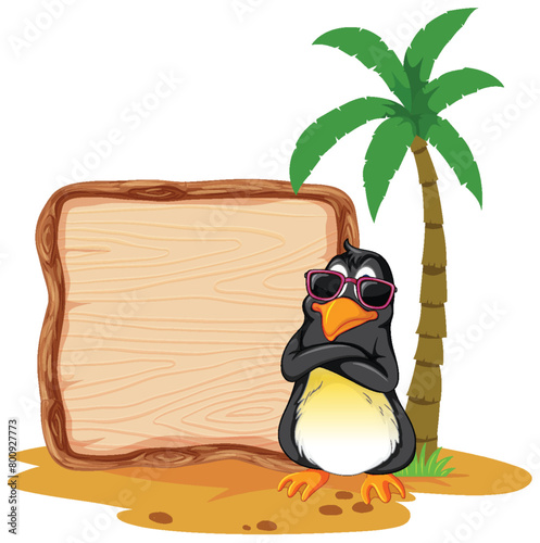 Cartoon penguin in sunglasses next to a sign.
