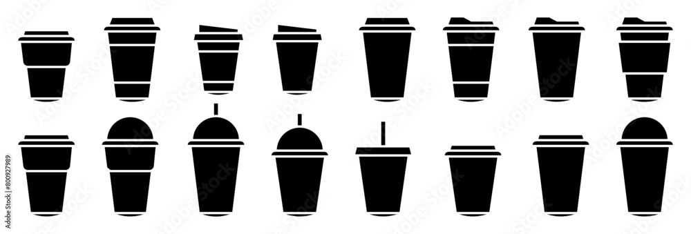 Fototapeta premium Coffee cup icons vector set in line and flat style. Disposable coffee cup. Coffee paper cup, plastic container for hot and cold drink, juice, tea, cocoa and other. Vector illustration