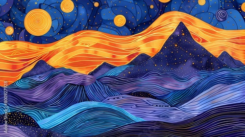 Purple night mountains illustration poster background