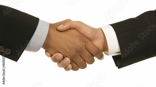 This image zooms in on businessmen's hands shaking, symbolizing a successful business deal on a white backdrop. Perfect for presentations or marketing.