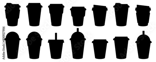 Coffee cup icons vector set in line and flat style. Disposable coffee cup. Coffee paper cup, plastic container for hot and cold drink, juice, tea, cocoa and other. Vector illustration