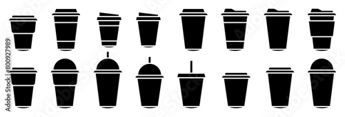 Coffee cup icons vector set in line and flat style. Disposable coffee cup. Coffee paper cup, plastic container for hot and cold drink, juice, tea, cocoa and other. Vector illustration