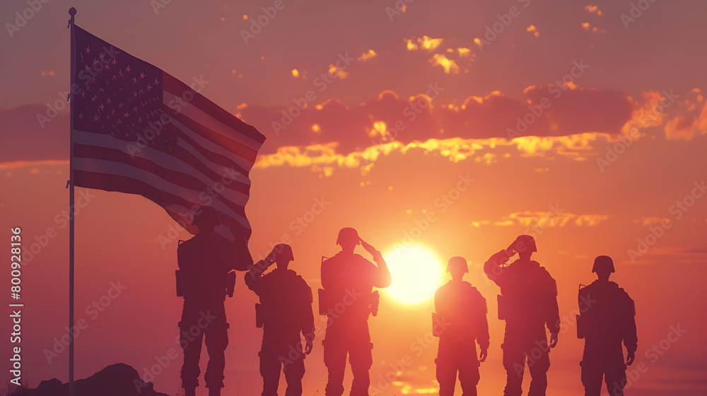 USA army soldiers saluting in the background of sunset, generative Ai