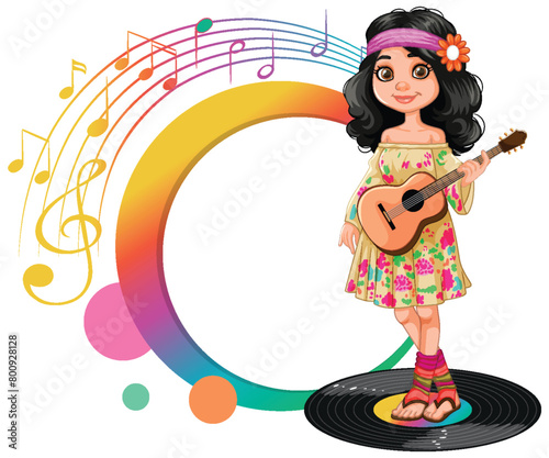 Young girl playing guitar with vibrant musical notes.
